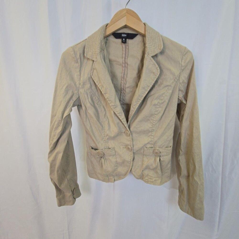 Mossimo Blazer Womens Medium Beige Linen Blend Ruched Pocket Jacket Career